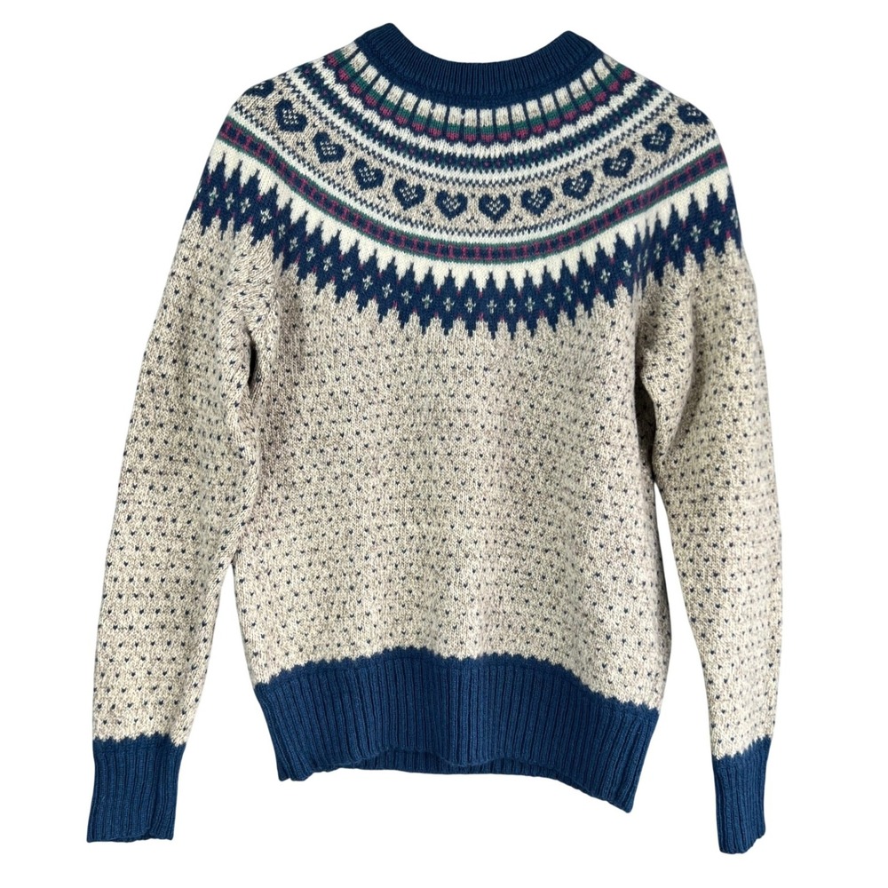 Woolrich Woman Vintage Fair Isle Heart Yoke Wool Blend Sweater Oatmeal Navy L